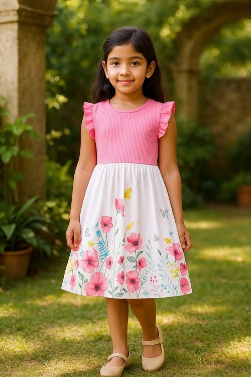Pink Baby Girl Ruffled Sleeve Floral Print Casual Dress,