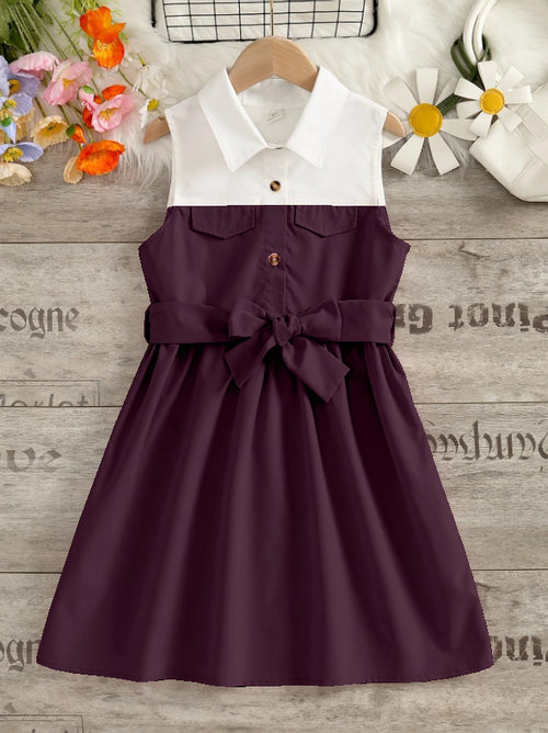 Wine And White Sleeveless Shirt Dress With Bow Belt For Girls