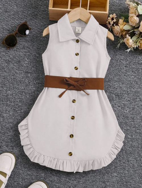 Grey Sleeveless Button-Front Dress With Brown Belt And Ruffle Hem For Girls
