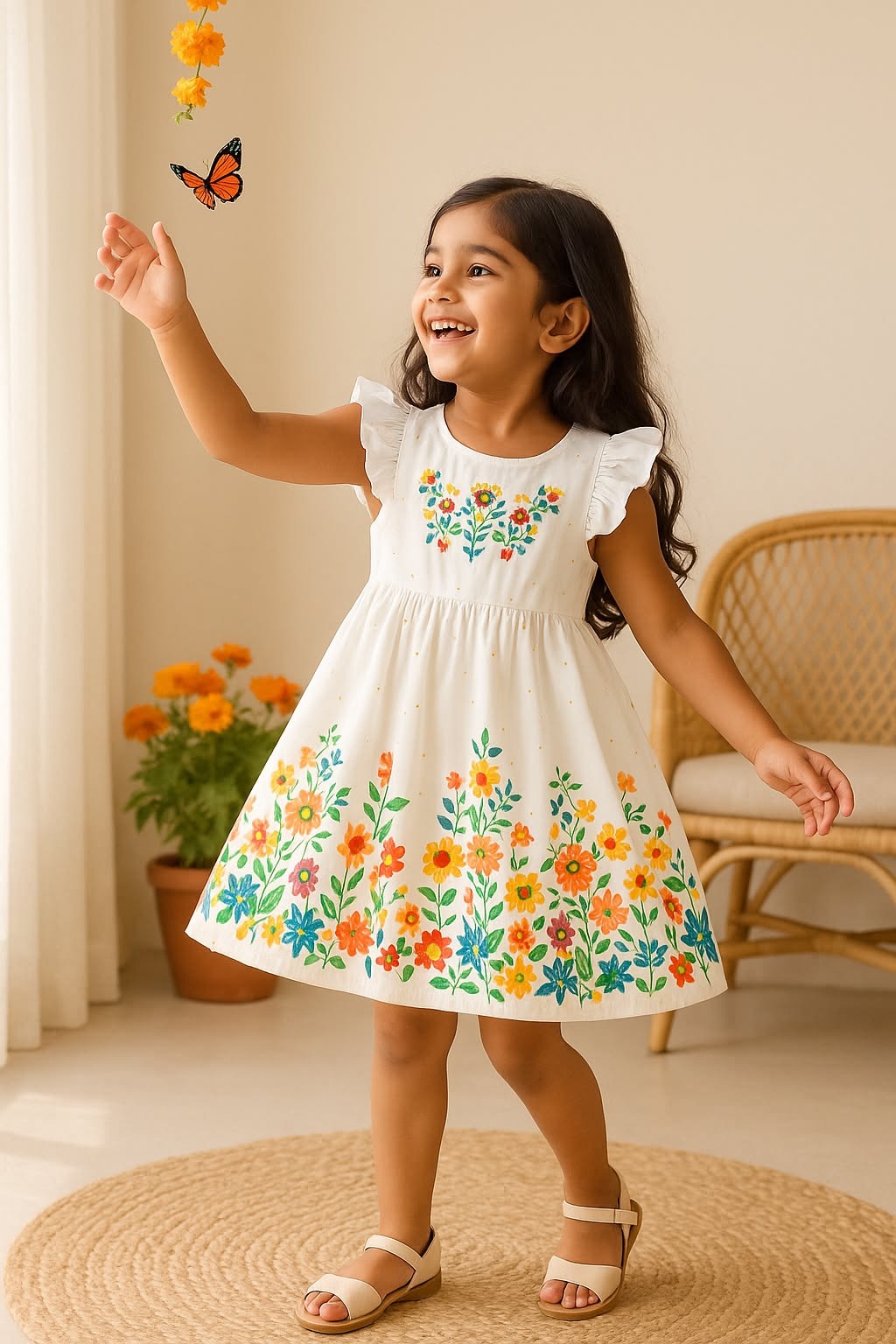 White Baby Girl Ruffled Sleeve Bow Tie Floral Print Casual Dress,