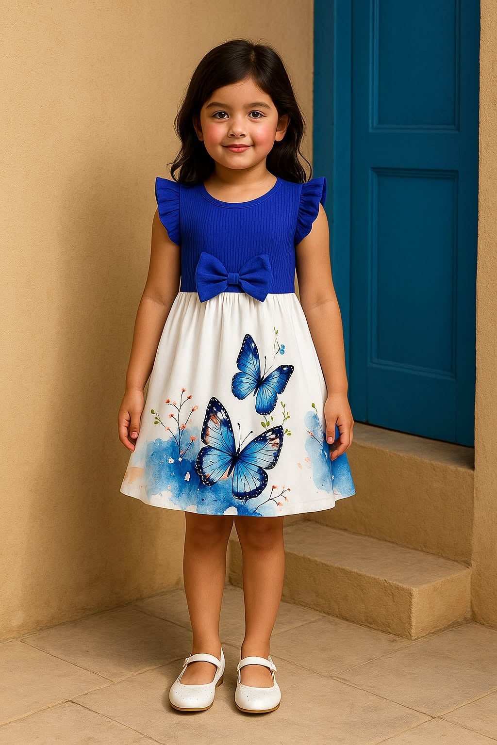 Navy Blue Baby Girl Ruffled Sleeve Bow Tie Floral Print Casual Dress,