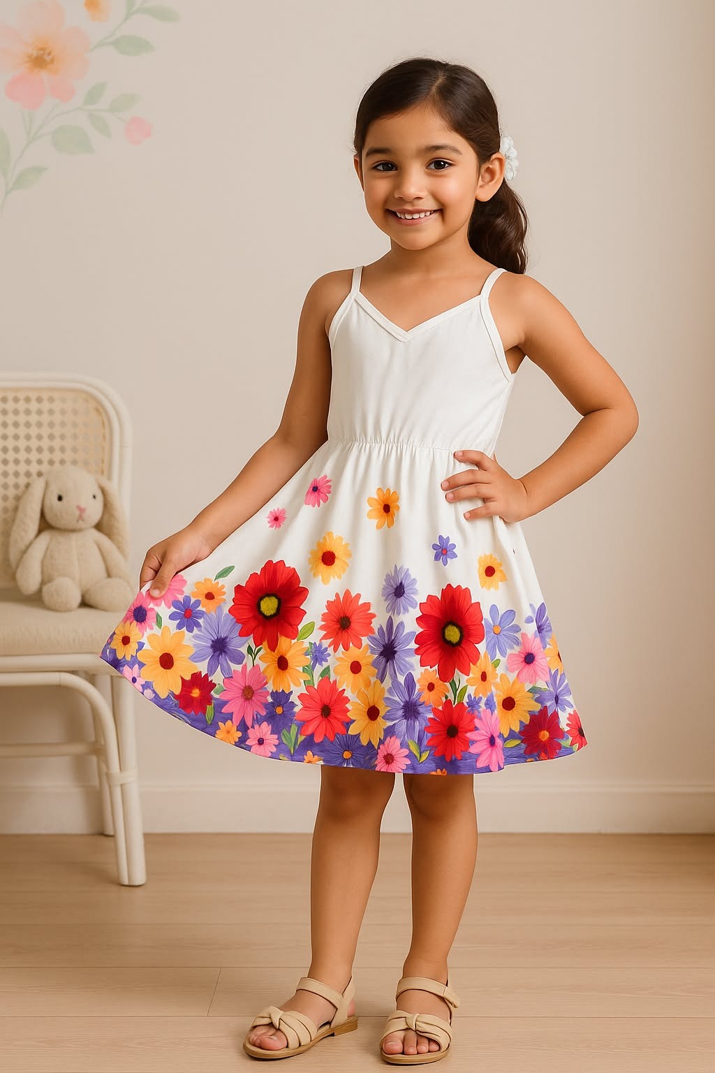 White Floral Printed New Trendy Kids Frock