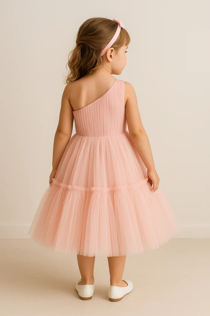 Bablyz Peach Color Net Striped Baby Frock