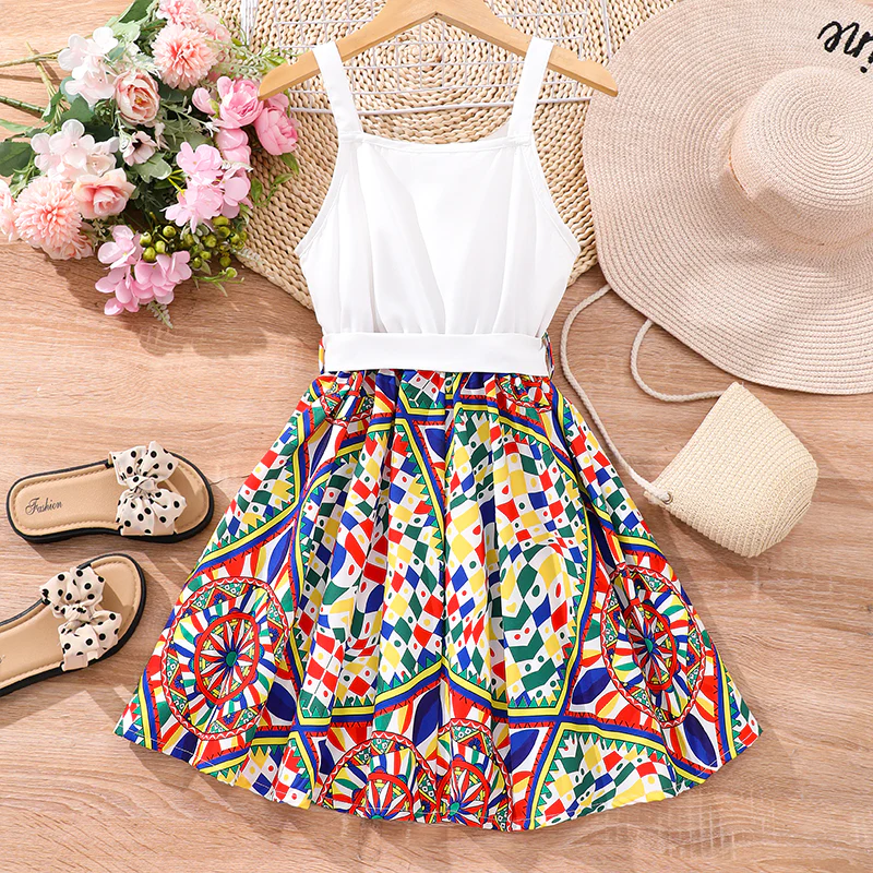 White Baby Girl Strap Sleeve Bow Tie Printed Casual Dress Frock