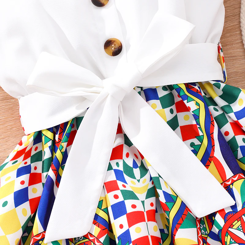 White Baby Girl Strap Sleeve Bow Tie Printed Casual Dress Frock