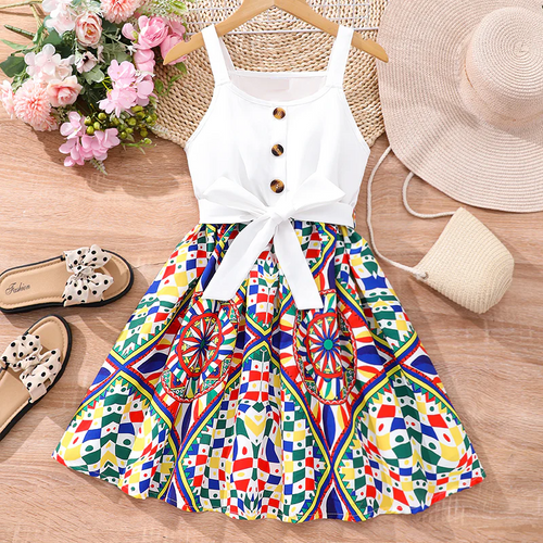 White Baby Girl Strap Sleeve Bow Tie Printed Casual Dress Frock