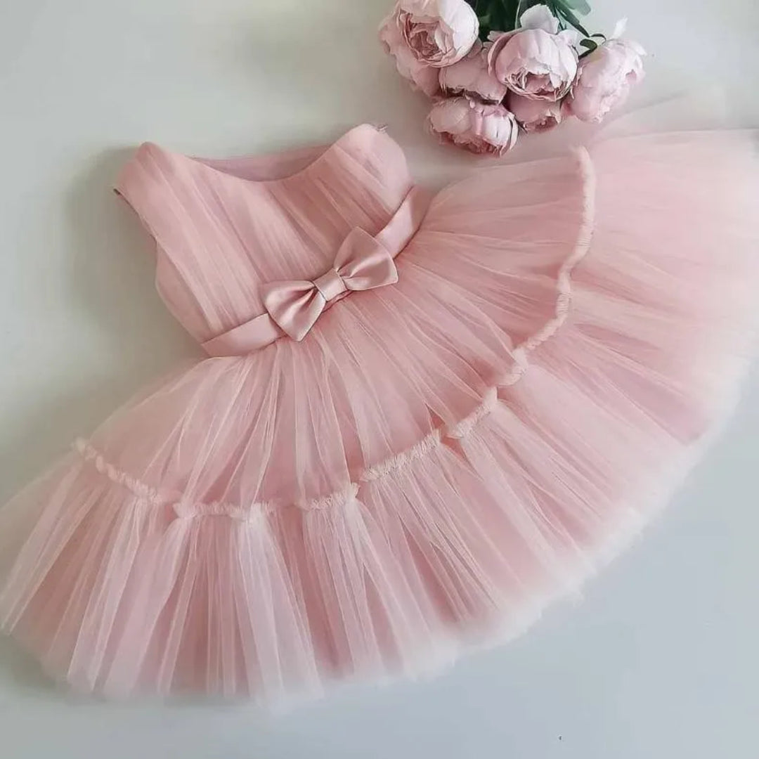 Bablyz Peach Color Net Striped Baby Frock