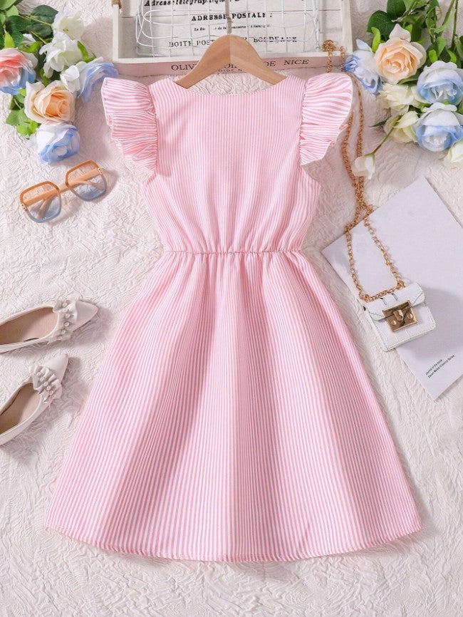 Chic Pink Striped Button-Down Summer Dress with Ruffle Sleeves