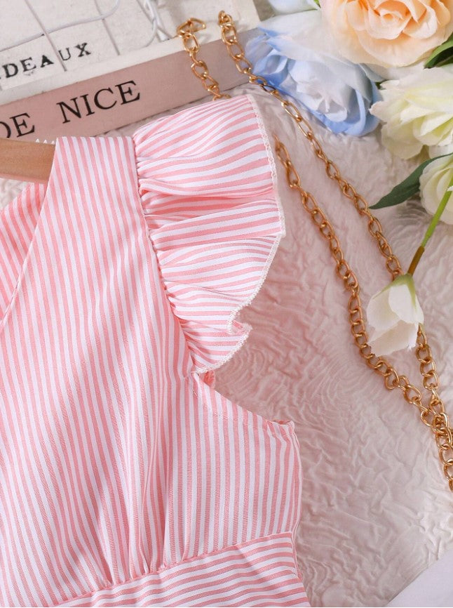 Chic Pink Striped Button-Down Summer Dress with Ruffle Sleeves