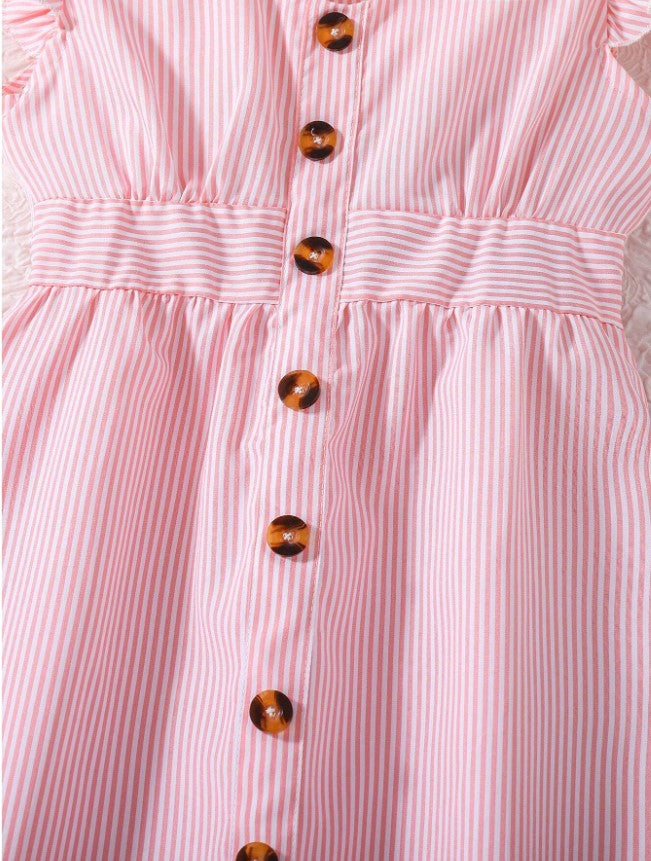 Chic Pink Striped Button-Down Summer Dress with Ruffle Sleeves