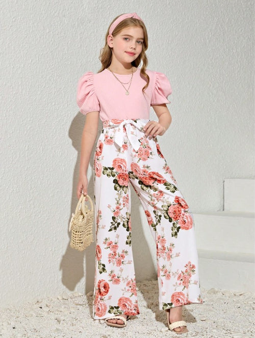 Blossom Charm Puff Sleeve Top & Floral Wide-Leg Pant Set – Sweet & Stylish for Little Fashionistas"