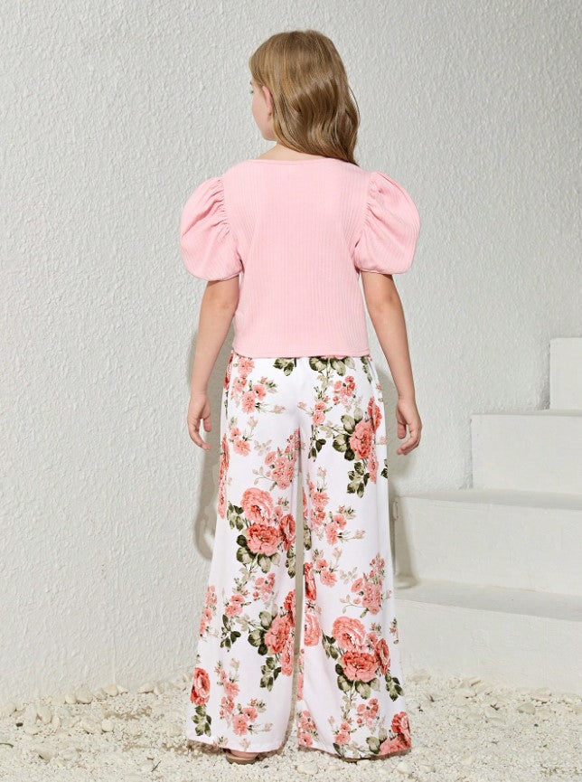 Blossom Charm Puff Sleeve Top & Floral Wide-Leg Pant Set – Sweet & Stylish for Little Fashionistas"