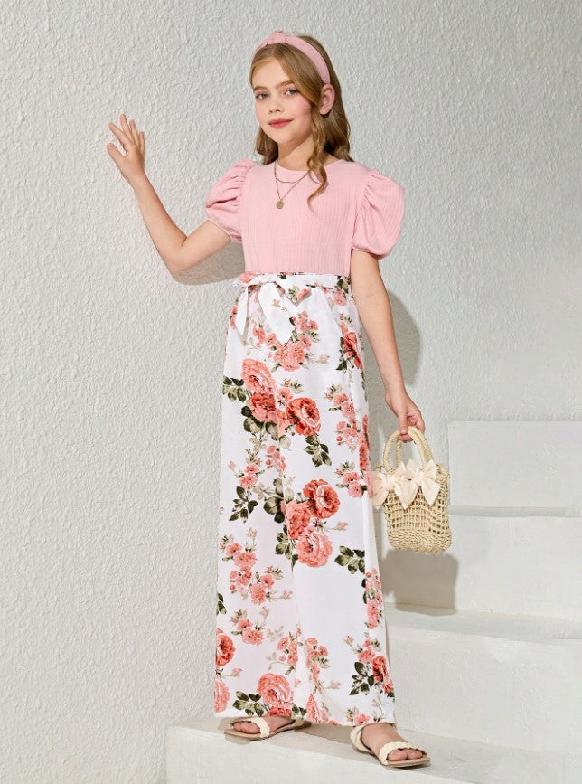 Blossom Charm Puff Sleeve Top & Floral Wide-Leg Pant Set – Sweet & Stylish for Little Fashionistas"