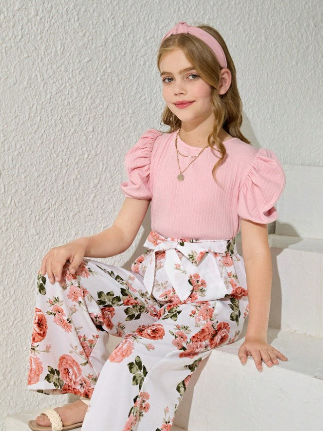 Blossom Charm Puff Sleeve Top & Floral Wide-Leg Pant Set – Sweet & Stylish for Little Fashionistas"
