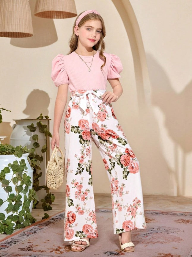 Blossom Charm Puff Sleeve Top & Floral Wide-Leg Pant Set – Sweet & Stylish for Little Fashionistas"