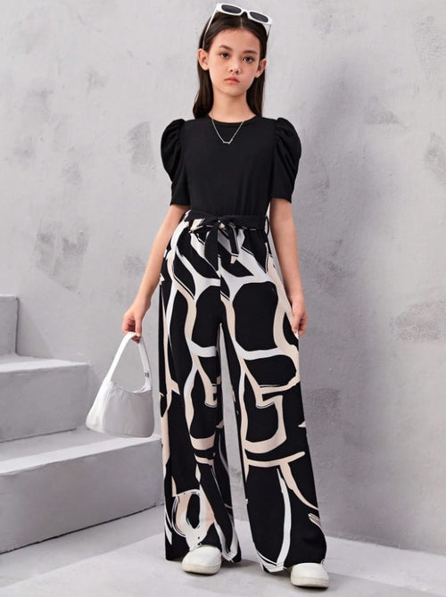 Monochrome Magic Puff Sleeve Top & Abstract Wide-Leg Pant Set – Bold, Modern & Effortlessly Cool"