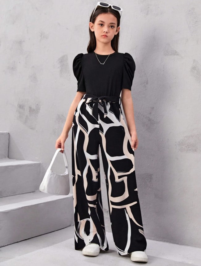 Monochrome Magic Puff Sleeve Top & Abstract Wide-Leg Pant Set – Bold, Modern & Effortlessly Cool"