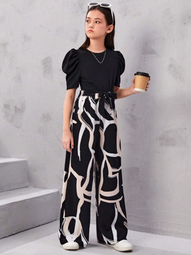 Monochrome Magic Puff Sleeve Top & Abstract Wide-Leg Pant Set – Bold, Modern & Effortlessly Cool"