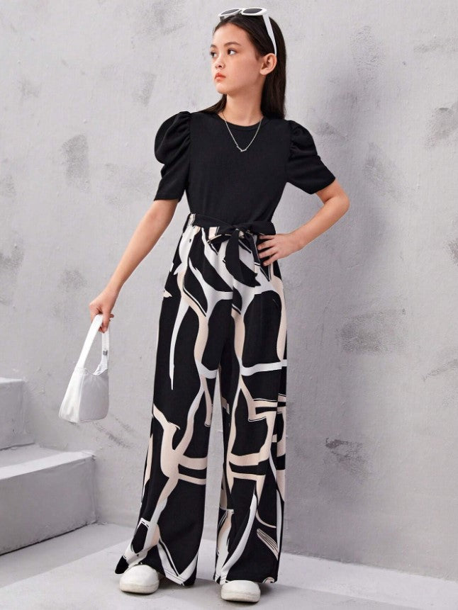 Monochrome Magic Puff Sleeve Top & Abstract Wide-Leg Pant Set – Bold, Modern & Effortlessly Cool"