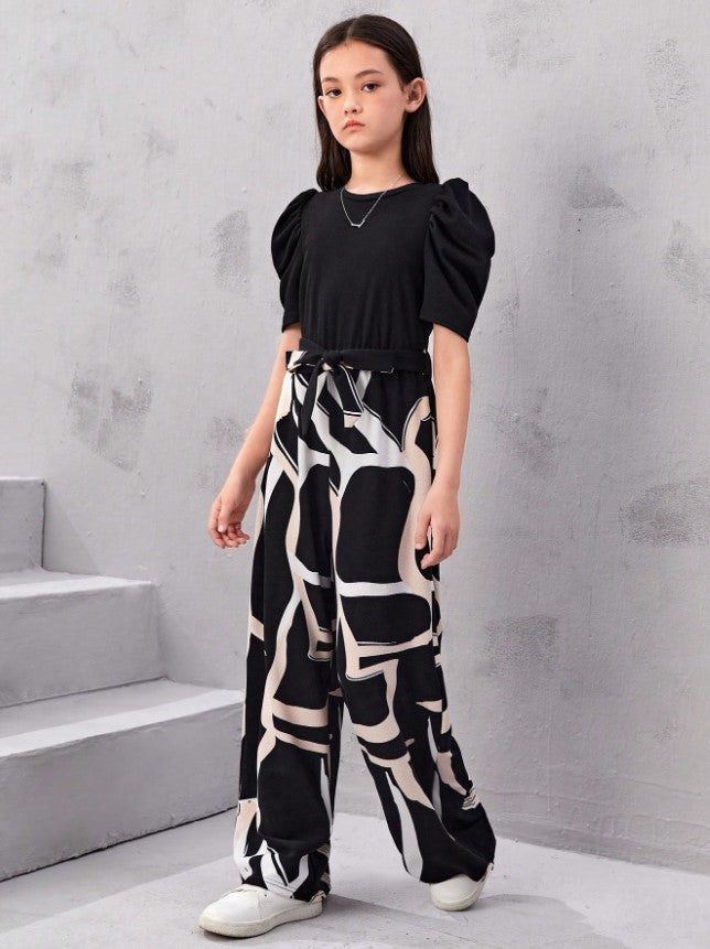 Monochrome Magic Puff Sleeve Top & Abstract Wide-Leg Pant Set – Bold, Modern & Effortlessly Cool"