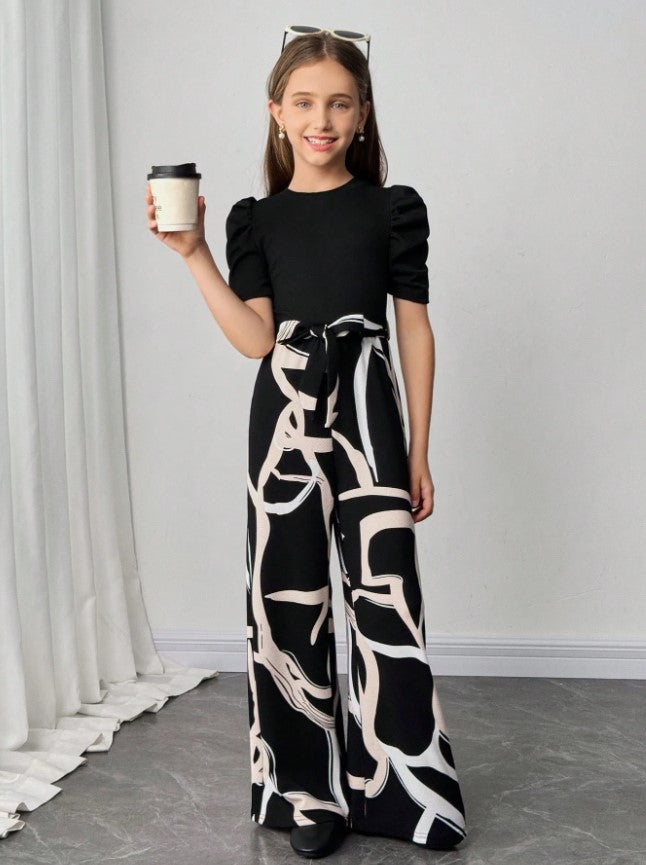 Monochrome Magic Puff Sleeve Top & Abstract Wide-Leg Pant Set – Bold, Modern & Effortlessly Cool"