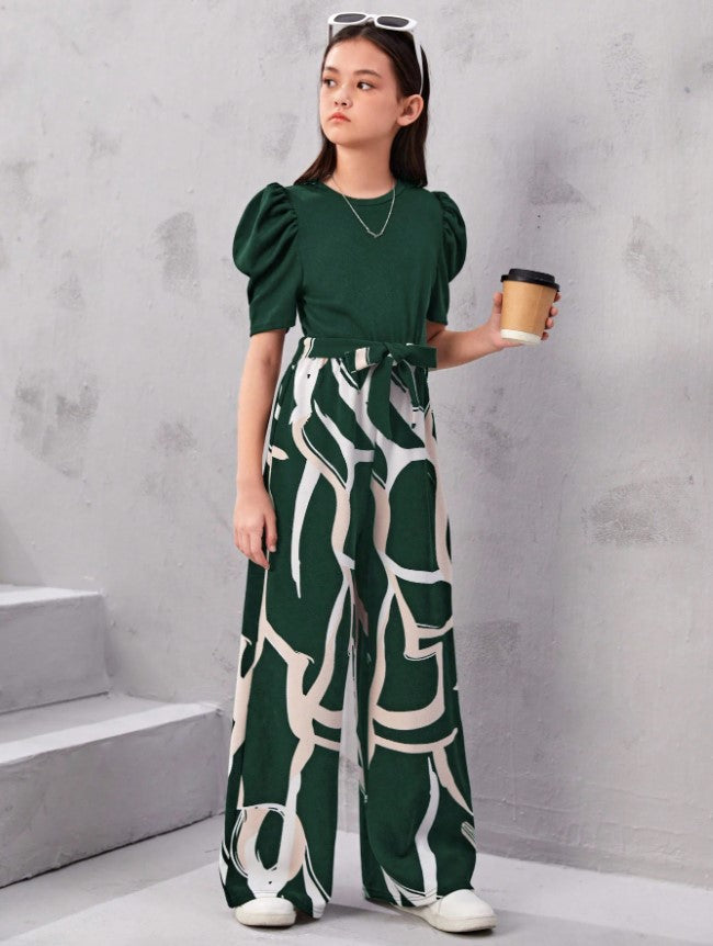 Monochrome Magic Puff Sleeve Top & Abstract Wide-Leg Pant Set – Bold, Modern & Effortlessly Cool"