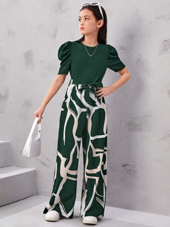 Monochrome Magic Puff Sleeve Top & Abstract Wide-Leg Pant Set – Bold, Modern & Effortlessly Cool"