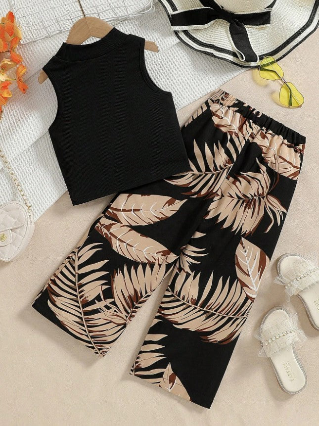 Island Vibes Sleeveless Crop Top & Tropical Leaf Print Pant Set – Bold, Breezy & Stylish"