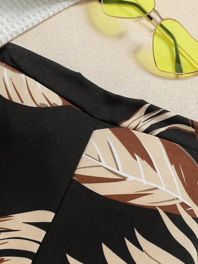 Island Vibes Sleeveless Crop Top & Tropical Leaf Print Pant Set – Bold, Breezy & Stylish"