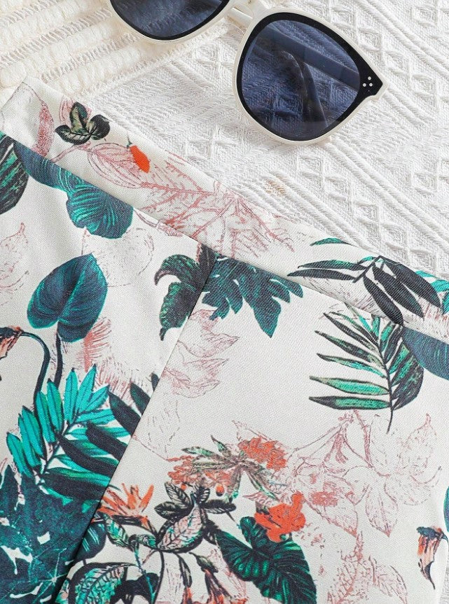 Island Vibes Sleeveless Crop Top & Tropical Leaf Print Pant Set – Bold, Breezy & Stylish"