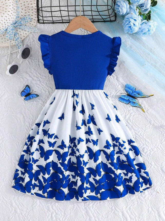 Navy Blue Baby Girl Ruffled Sleeve Bow Tie Floral Print Casual Dress,