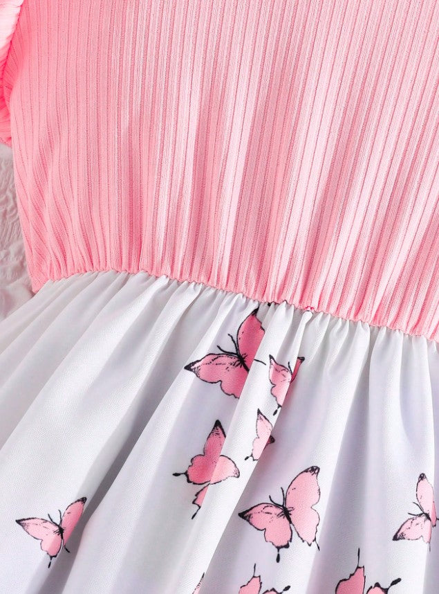 Pink Baby Girl Ruffled Sleeve Floral Print Casual Dress,