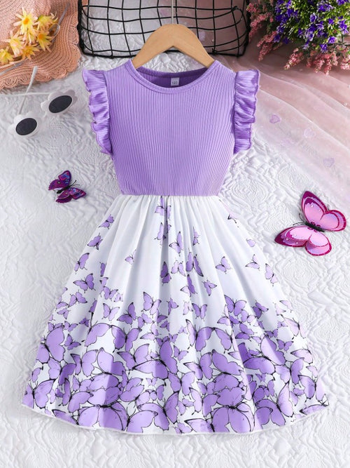 Lavender Baby Girl Ruffled Sleeve Bow Tie Floral Print Casual Dress,