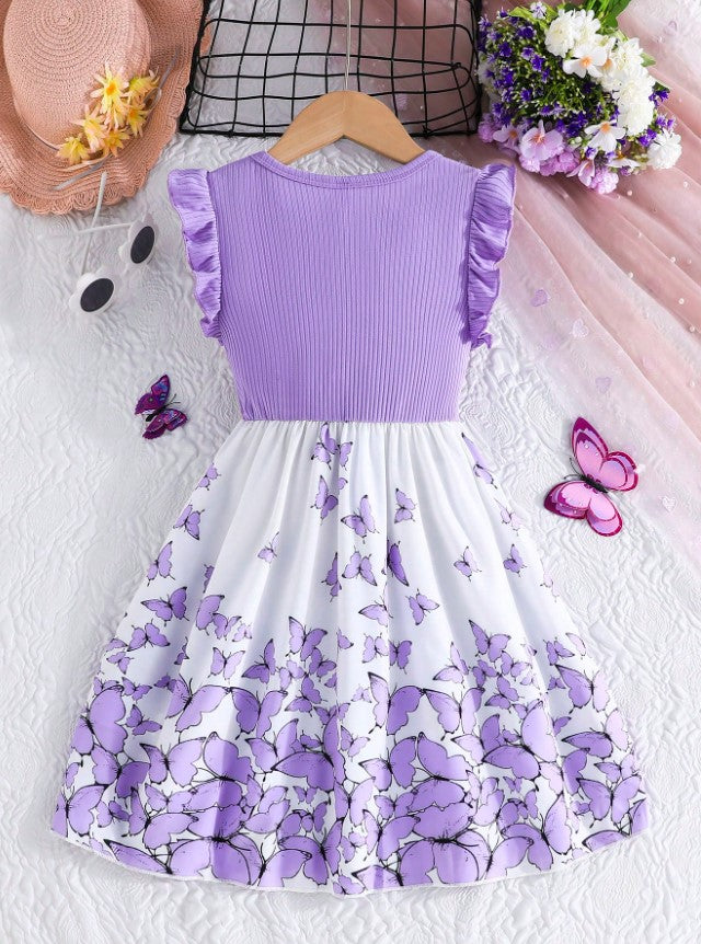 Lavender Baby Girl Ruffled Sleeve Bow Tie Floral Print Casual Dress,