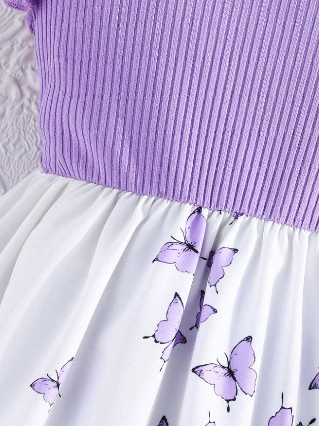 Lavender Baby Girl Ruffled Sleeve Bow Tie Floral Print Casual Dress,