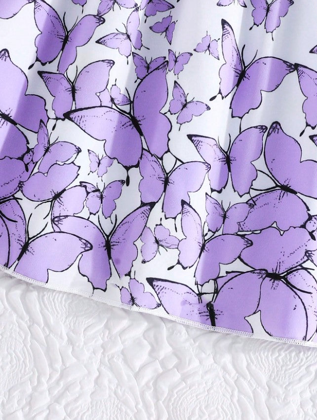 Lavender Baby Girl Ruffled Sleeve Bow Tie Floral Print Casual Dress,