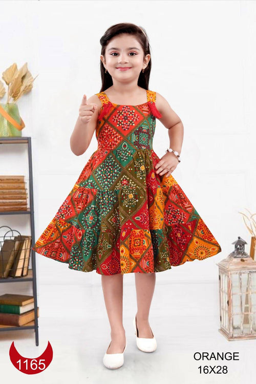 Bablyz Red Color Net Striped Baby Frock Bandhni