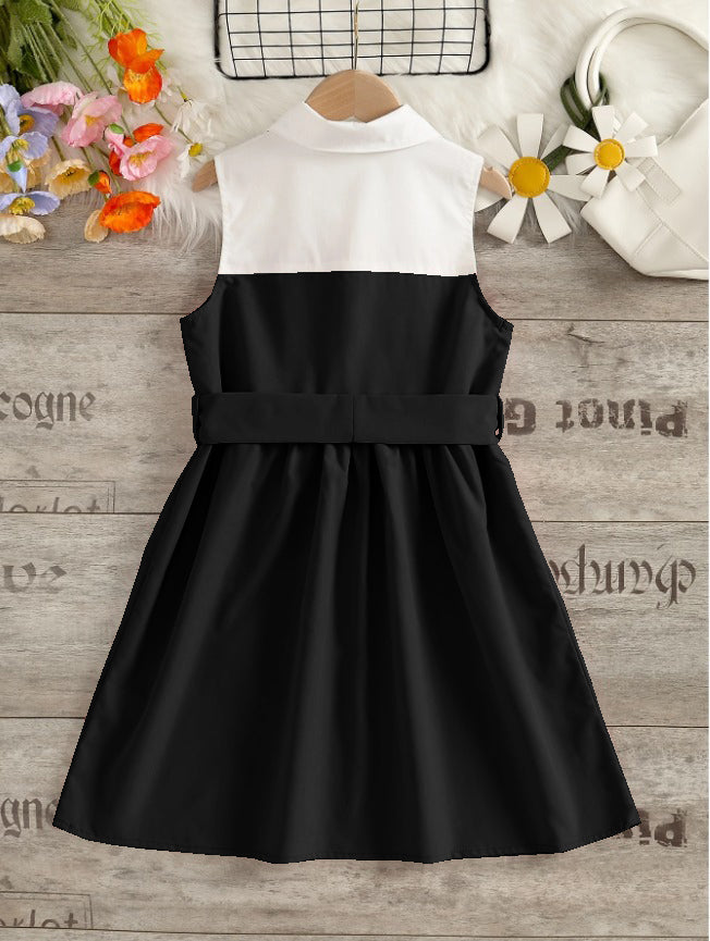 Black And White Sleeveless Shirt Dress With Bow Belt For Girls
