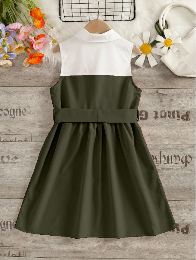 Green' Sleeveless ARMY and White Shirt Dress with Bow Belt For GIirls