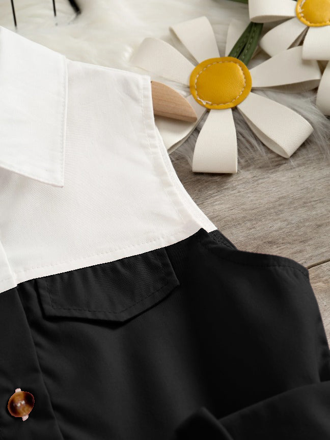 Black And White Sleeveless Shirt Dress With Bow Belt For Girls