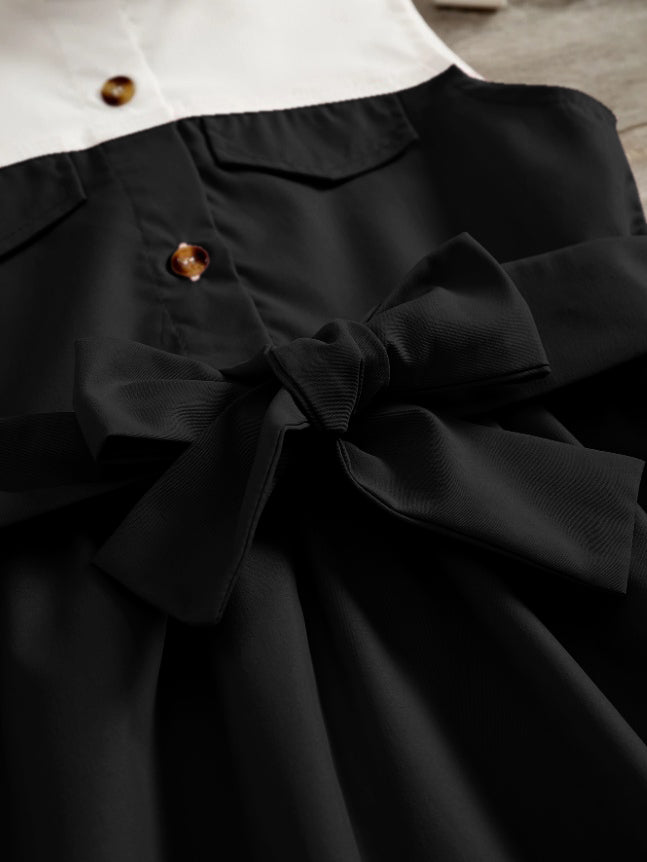 Black And White Sleeveless Shirt Dress With Bow Belt For Girls
