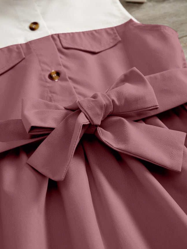 Dusty Pink' Sleeveless and White Shirt Dress with Bow Belt