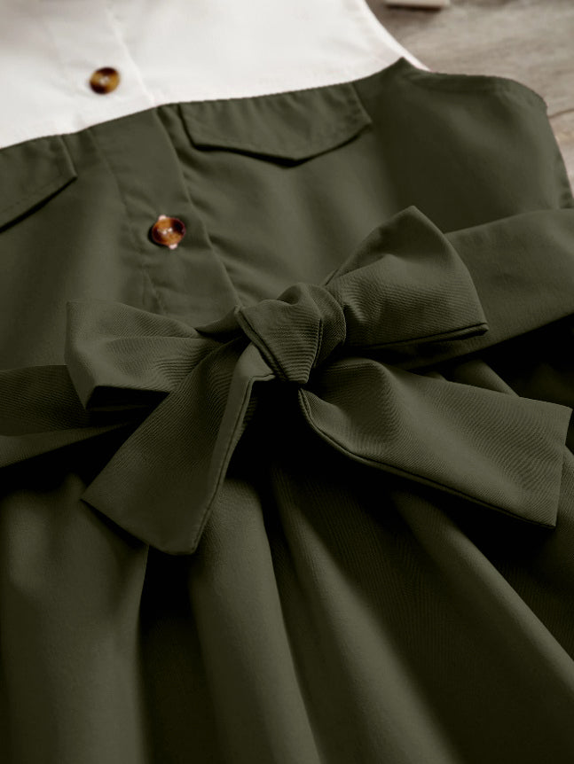 Green' Sleeveless ARMY and White Shirt Dress with Bow Belt For GIirls