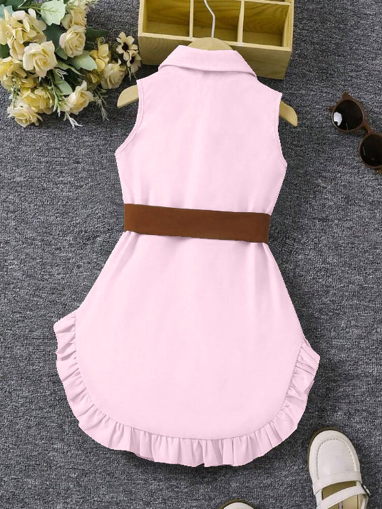 Pink Sleeveless Button-Front Dress With Brown Belt And Ruffle Hem For Girls