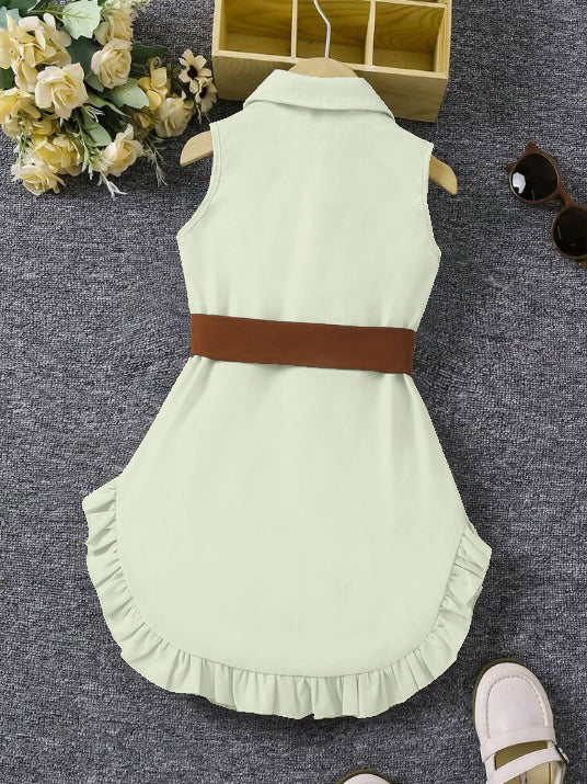 Pista Sleeveless Button-Front Dress With Brown Belt And Ruffle Hem For Girls