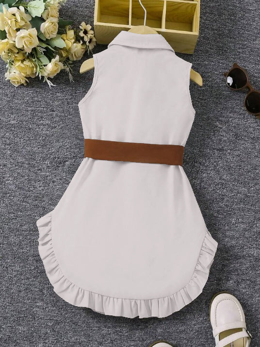 Grey Sleeveless Button-Front Dress With Brown Belt And Ruffle Hem For Girls