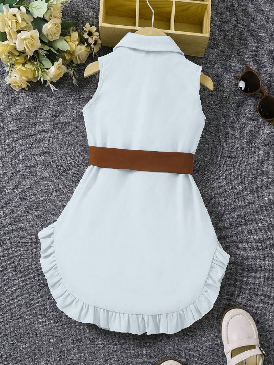 Light Blue Sleeveless Button-Front Dress With Brown Belt And Ruffle Hem For Girls