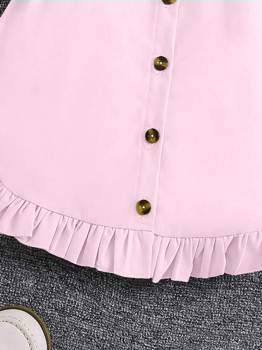 Pink Sleeveless Button-Front Dress With Brown Belt And Ruffle Hem For Girls