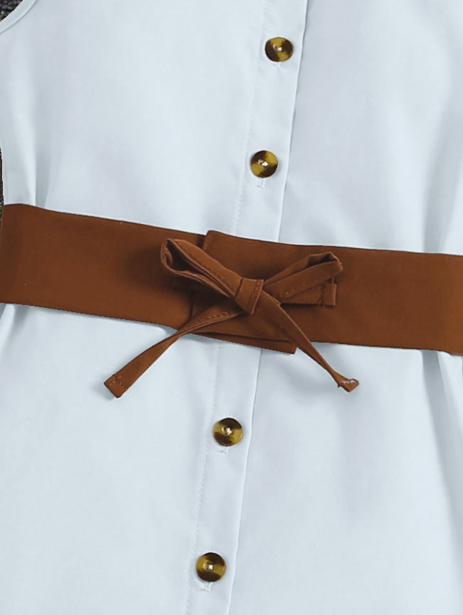 Light Blue Sleeveless Button-Front Dress With Brown Belt And Ruffle Hem For Girls