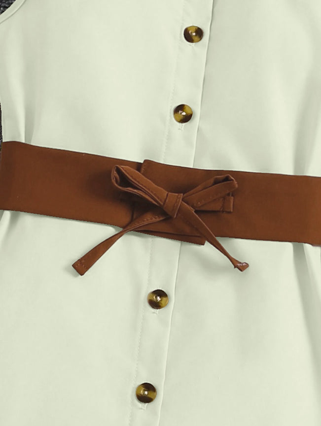 Pista Sleeveless Button-Front Dress With Brown Belt And Ruffle Hem For Girls